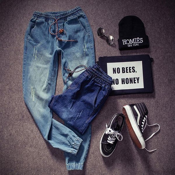

midweight mountainskin новый корейский стиль мужские джинсы distrressed jogger джинсы slim fit denim брюки кожа да кости stretch elastic джи, Blue