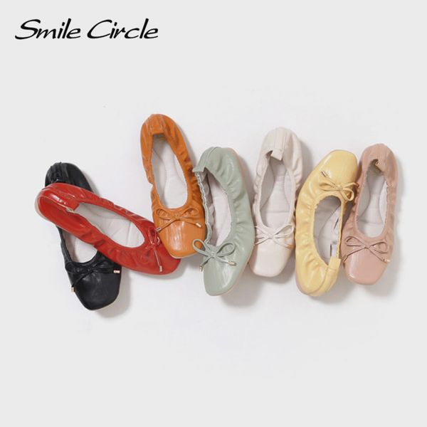 

smile circle/classic ballet flats woman soft-leather foldable nude bow round-toe slip on flats spring summer loafers, Black