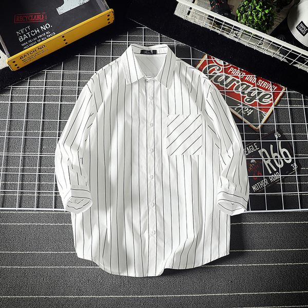 

2019 new pattern hong short sleeve shirt vertical stripe printing cotton streetwear camisas thin long black chinese style, White;black