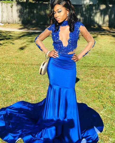

royal blue prom dresses mermaid high neck long sleeves lace appliques beads evening formal dress for black girls