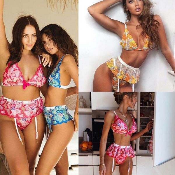 

2pcs floral lingerie women sexy-lingerie nightgown babydoll panties underwear lace bra exotic set sleepwear, Red;black