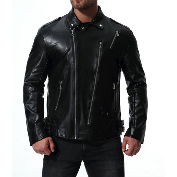 

markyi vertical zipper jacket men's leather winter plus size 5xl long sleeve motorcycle jacket leather, Black