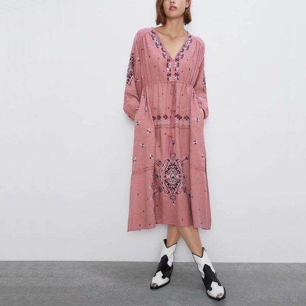 

fall women casual dress solid color embroidery v-neck long-sleeved dress vestidos, Black;gray