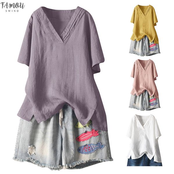 

женщины boho блузки плюс размер дамы v образным вырезом хлопок твердые свободные повседневные женские рубашки женские топы и блузки лето 202, White