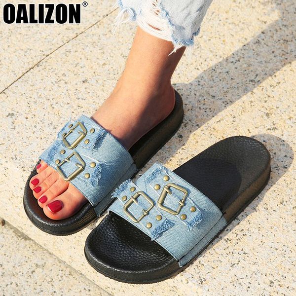 

slippers summer classical washed denim buckle women fashion open toe mules female lady casual flat sandals shoes r432, Black