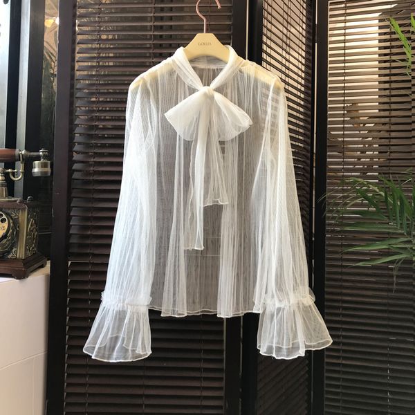 

big tie sheer transparent blouse flare sleeve shirt women spring inside chemise femme chemisier camisa mujer blusa, White