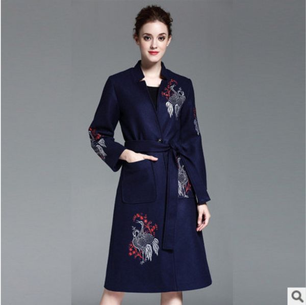 

plus 3xl winter 2017 spring wool coat women's trench coats embroidered blends medium-long woolen outerwear overcoat jackets, Black