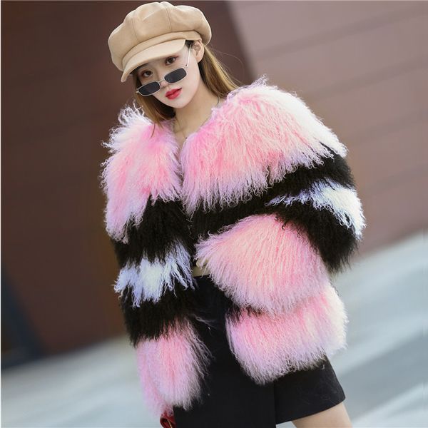 

2018 new genuine mongolia sheep fur coat women full pelt sheep fur jacket color collision coat customized plus size f1078, Black