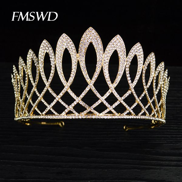 

new vintage gold color luxury baroque crown rhinestone crystal queen tiara big crown for bridal wedding hair jewelry accessories, Golden;white