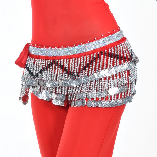 

wholesale women dance clothing accessories 3 rows rectangle hip scarf adjustable fit 258 coins belly dance belt silver coin, Black;red