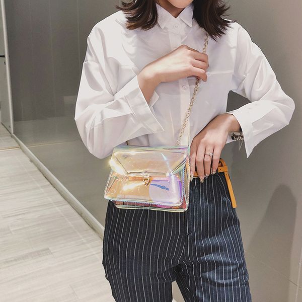 

2020 new ladies shoulder bag korean version of the laser bag casual transparent chain messenger small square