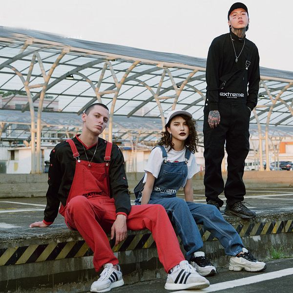 

men high street hip hop denim jumpsuits casual loose ripped cowboy overalls for 4 season male women couple harem bib jeans pants, Blue