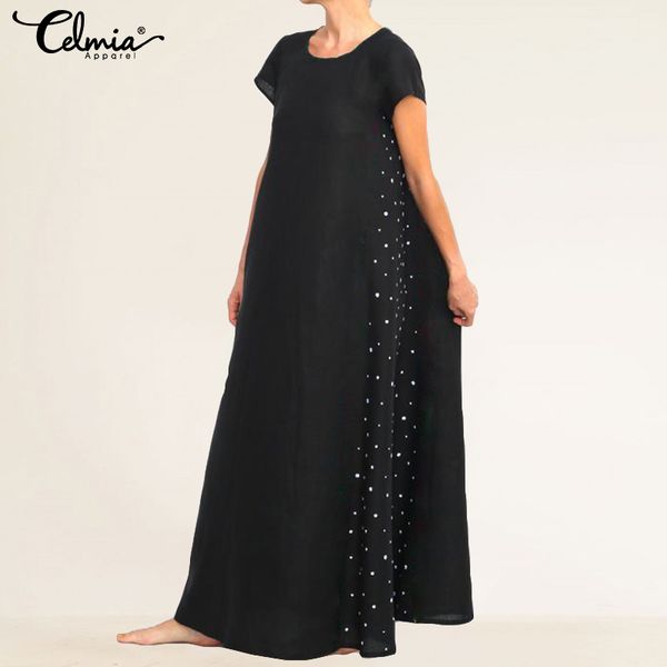 

plus size 2019 celmia women dot print vintage long dress ladies short sleeve casual loose pockets summer beach vestidos robe 5xl, Black;gray