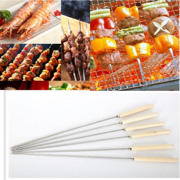 

stainless steel barbecue skewers wooden wood handle metal roasting needle outdoor picnic bbq tools forks camp kitchen 2.3*35cm