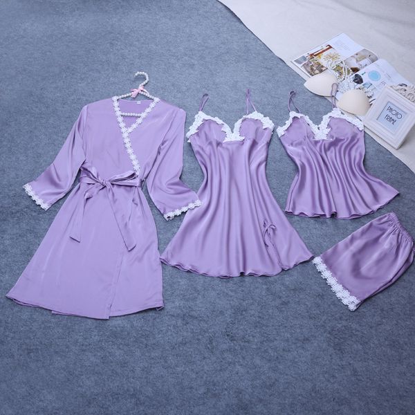 

ladies silk satin robe+gown+pyjama set 4 pieces lace bathrobe nightdress sleepwear set summer spring nightwear for women, Blue;gray