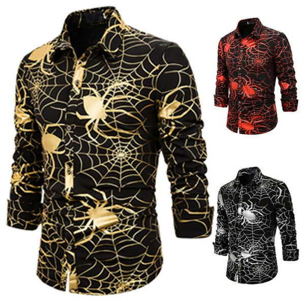 

retro men's shirts men's 2019 autumn new fashion casual halloween spider printed long-sleeved blouse shirt chemise homme, White;black