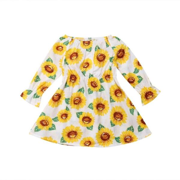 

2018 newly toddler baby girls sweet autumn dress off shoulder flare sleeve sunflowers print knee-length a-line dress, Red;yellow