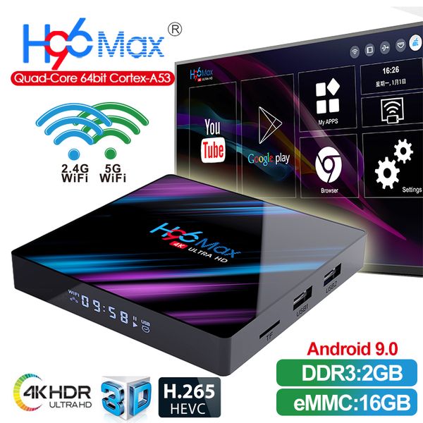 

H96 Max Android 9.0 TV Box RK3318 2 ГБ 16 ГБ Quad Core 2.4 Г / 5 Г Wi-Fi BT 4.0 Smart TV Box