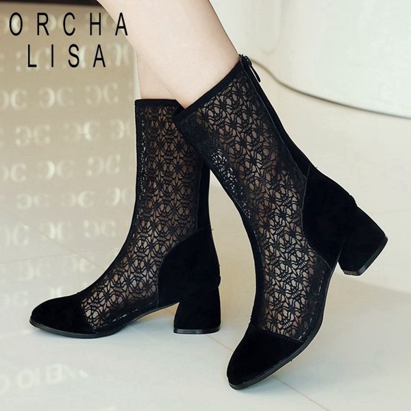 

orcha lisa 2019 spring summer boots shoes woman middle heels round toe zipper women boots mesh black comfortable plus size 43