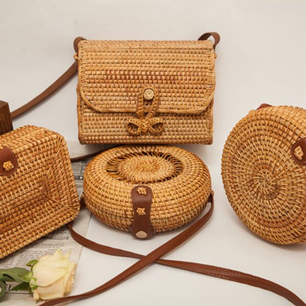 

woven rattan bag round straw shoulder bag small beach handbags women summer hollow handmade messenger crossbody bags