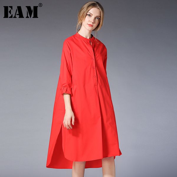 

[EAM] 2018 Autumn New Pattern Fashion Long Sleeve Stand Collar Loose Big Size Cotton Solid Color Shirt Type Dress Women YC112