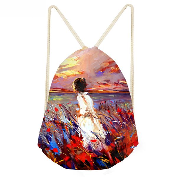 

thikin oil painting drawstring bag for school girls women softback backpack small men illustration prints mochila feminina bags