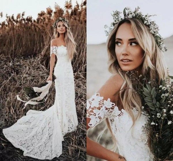 Летом 2019 года сексуальное пляжное свадебное платье в стиле Boho с вырезом на плече с короткими рукавами Маленькое кружевное свадебное платье