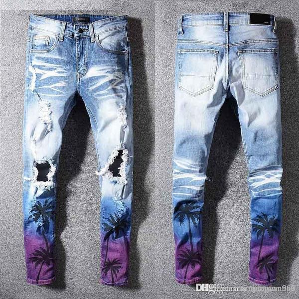 

19 mens denim mid waist ripped amiri pants waist stretch jeans slim pencil trousers famous brand pants 28-40, Blue