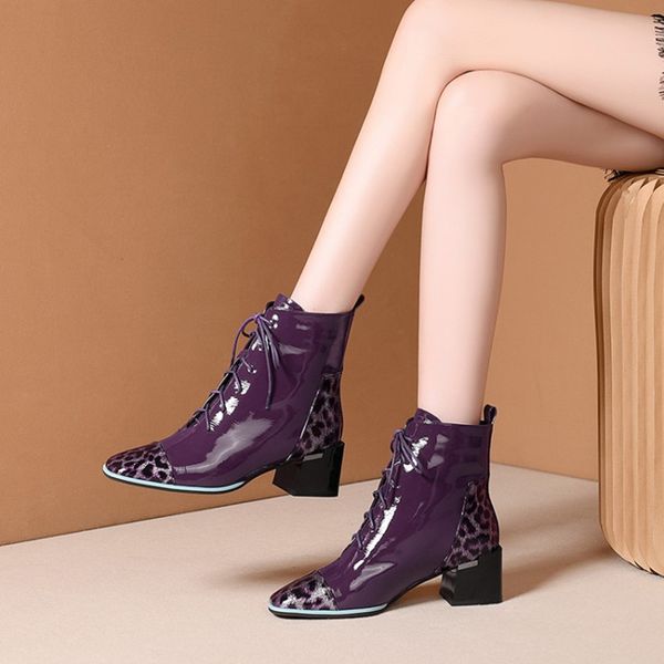 

mljuese 2020 women ankle boots cow leather winter short plush purple color square toe high heels boots women size 41, Black