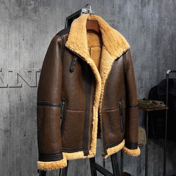 

men's shearling jacket b3 flight jacket short fur leather imported wool from australia mans sheepskin fur coat, Black