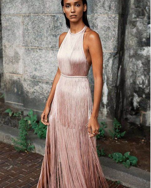 

women elegant beige tassel bandage dress 2018 new arrival vestidos o-neck sleeveless celebrity evening party bodycon dresses, Black;gray