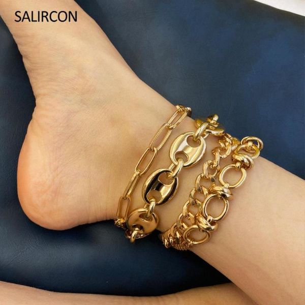 

salircon 4pcs/lot gold color chunky anklet bracelet set women fashion summer heavy metal twisted anklet punk statement jewelry, Red;blue