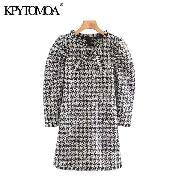 

vintage stylish sequined houndstooth frayed tweed mini dress women 2020 fashion bow tie three quarter sleeve dresses vestidos, Black;gray