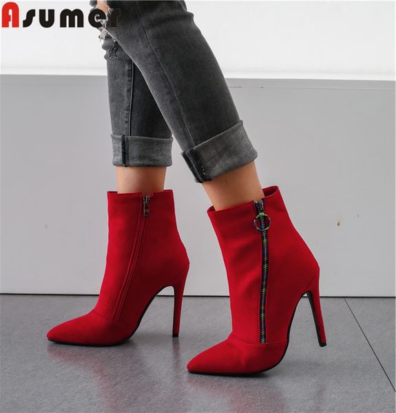 

asumer 2020 new ankle boots women poitned toe zip thin high heels shoes autumn winter boots classic ladies prom, Black
