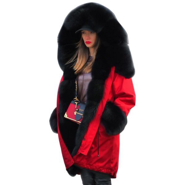 

оптовая личность толстые женщины дизайнер зимние пальто роскошные капюшоном меховой воротник украшения мода пальто средней длины женские пал, Black