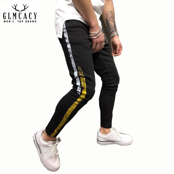 

Men's Black Jeans Yellow Side Stripes Hip Hop Streetwear Raw Edge Skinny Fit Printed Street Fashion