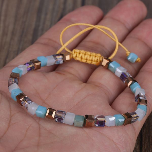

earth tone grey beige tan light blue golden laser color cube glass bead adjustable macrame bracelets, Golden;silver