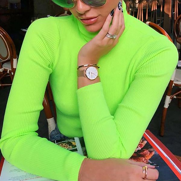 

chic women fluorescent turtule neck knitwear basic slim womens autumn winter casual long sleeve sweater streetwear 4 colors pullovers, White;black