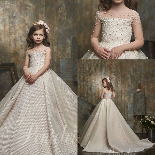 Dreamly a line Flower Girl Dresses Jewel Manga longa Apliques de pérolas de pérolas