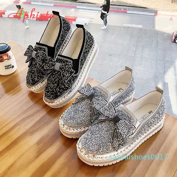 

phixta горный хрусталь женщины квартиры кожаные мокасины весна женская обувь женщина кристалл блестки лук-узел платформы случайные мокасины, Black