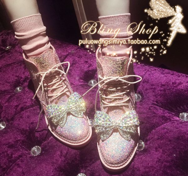 

new korean fashion diamond bow with sequined student boots, Black