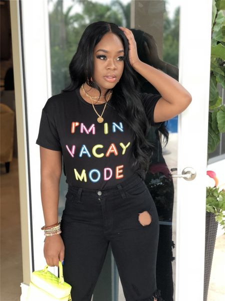 

Rainbow Colors Letter Print Woman Tshirt Designer Solid Loose Donna Summer Cloth Fashion Casual Lady Top