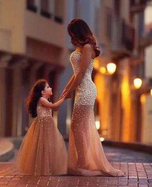 

champagne beading pearls bodice flower girl dresses tulle pageant birthday party special occasion mother and daughter, Red;yellow