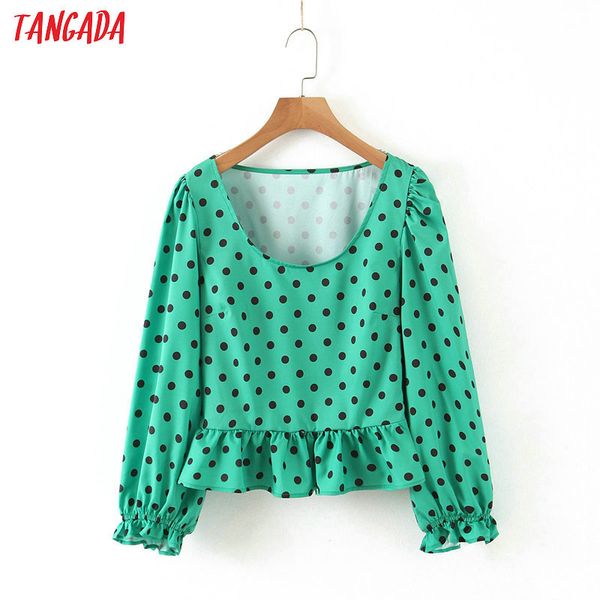 

tangada women retro green dots print crop blouse long sleeve chic female casual loose shirt blusas femininas sl243, White