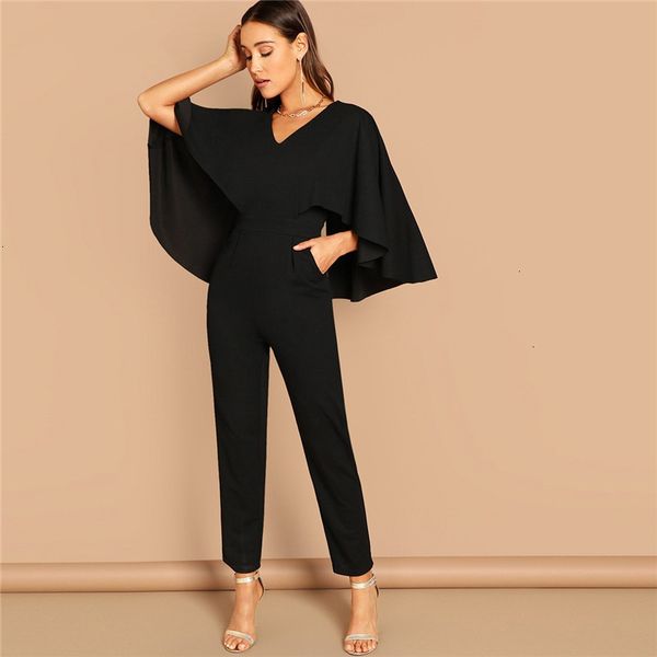 

modern lady going out party black elegant v neck solid cape long sleeve cloak sleeve jumpsuit winter women jumpsuits, Black;white