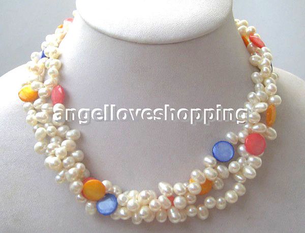 

3 strands side drilled freshwater pearl coin shell twist necklace marking supply, Silver