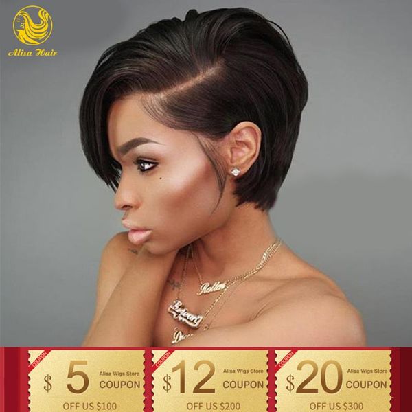

lace wigs short pixie cut front human hair natural straight virgin brazilian bob for black women pre plucked hairline, Black;brown