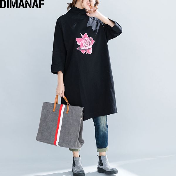 

dimanaf женщины плюс размер толстовки толстовки 2020 весна женщины с длинным рукавом пуловер водолазка топы хлопок дряблая цветочные vestido, Black