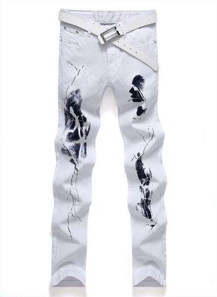 

mens designer printed fashionable jeans casual slim stretch white pants, Blue