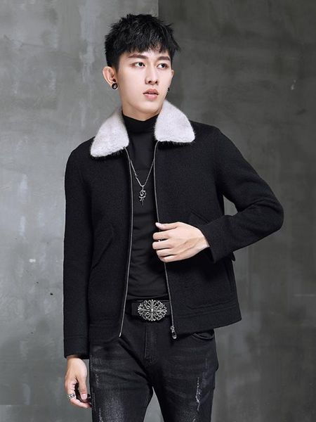 

spring autumn wool coat men double-sided alpaca jacket collar mens coats and jackets overcoat 1970b kj3859, Black